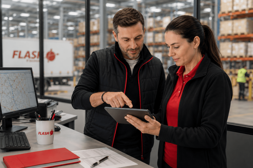 AI freight dispatch - logistics professionals tablet warehouse collaboration
