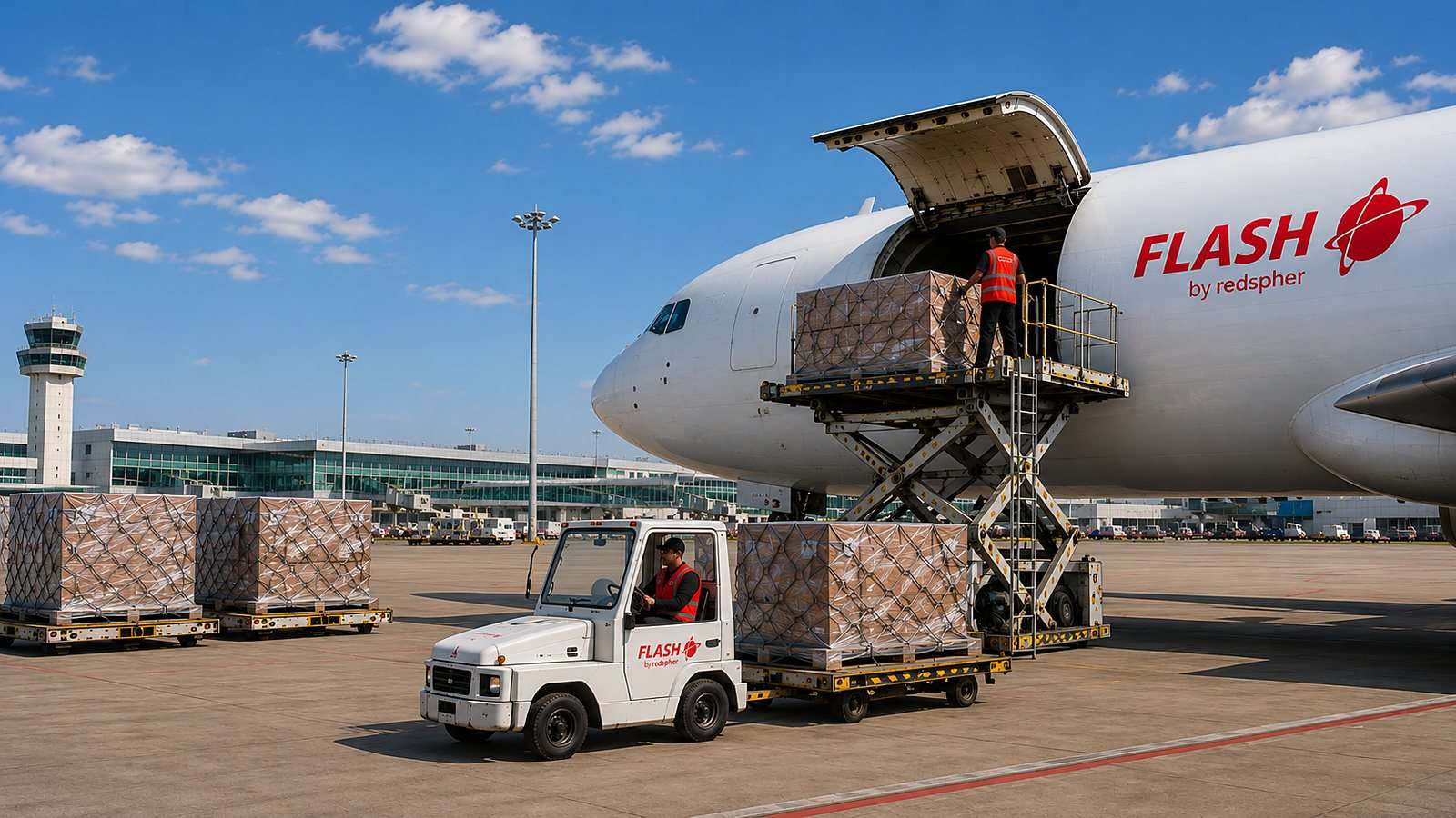 Flash by Redspher air cargo being loaded onto a freighter aircraft